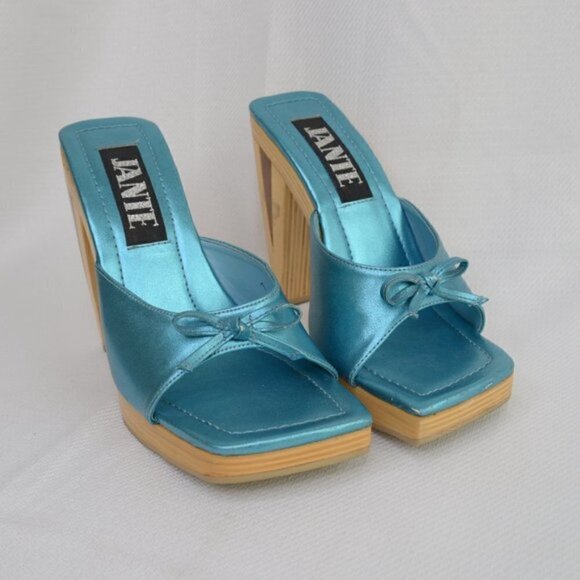 Y2K Platform Wooden Clog Shoes Satin Blue Sz 7 - Picture 2 of 10